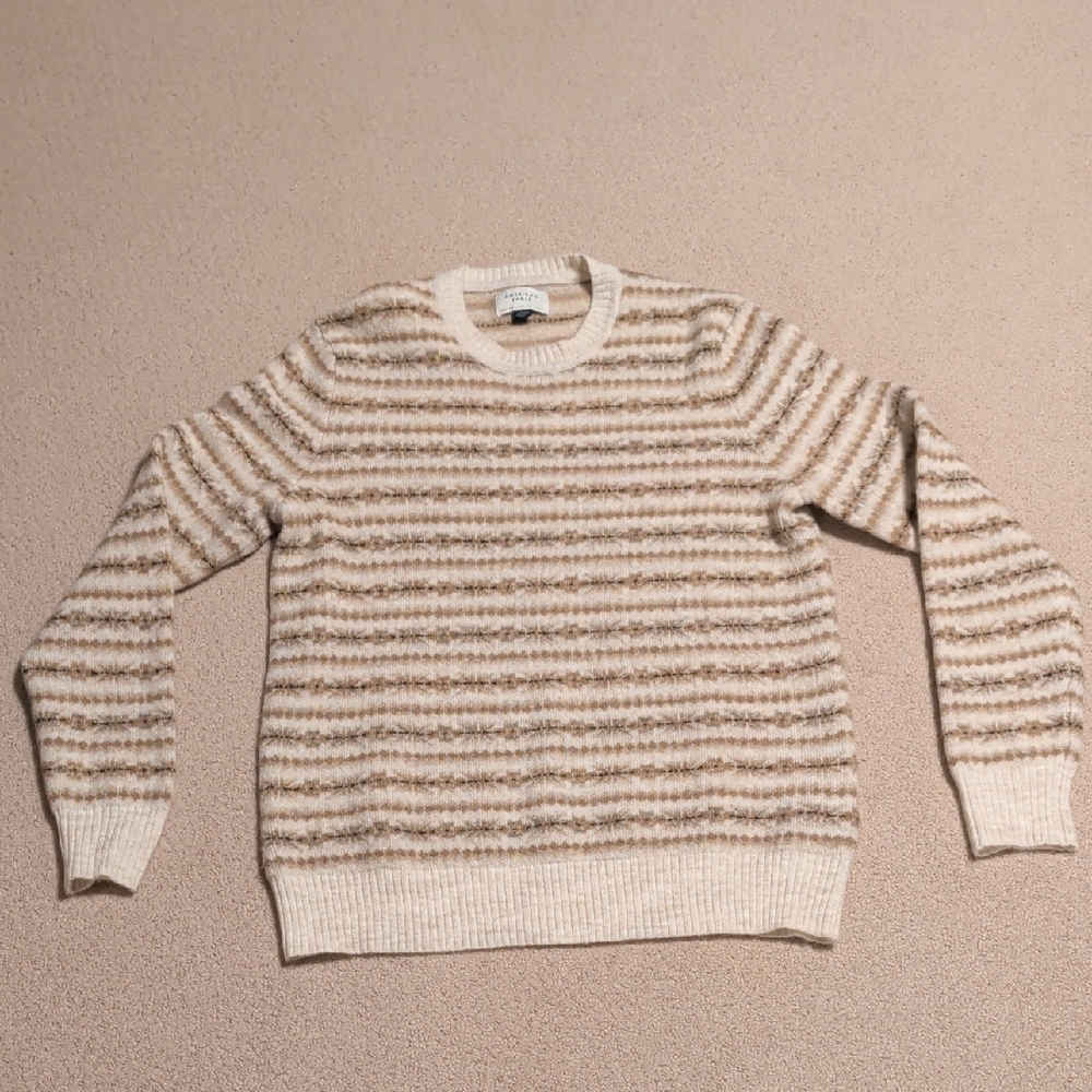American Eagle Beige and Brown Striped Crewneck Sweater